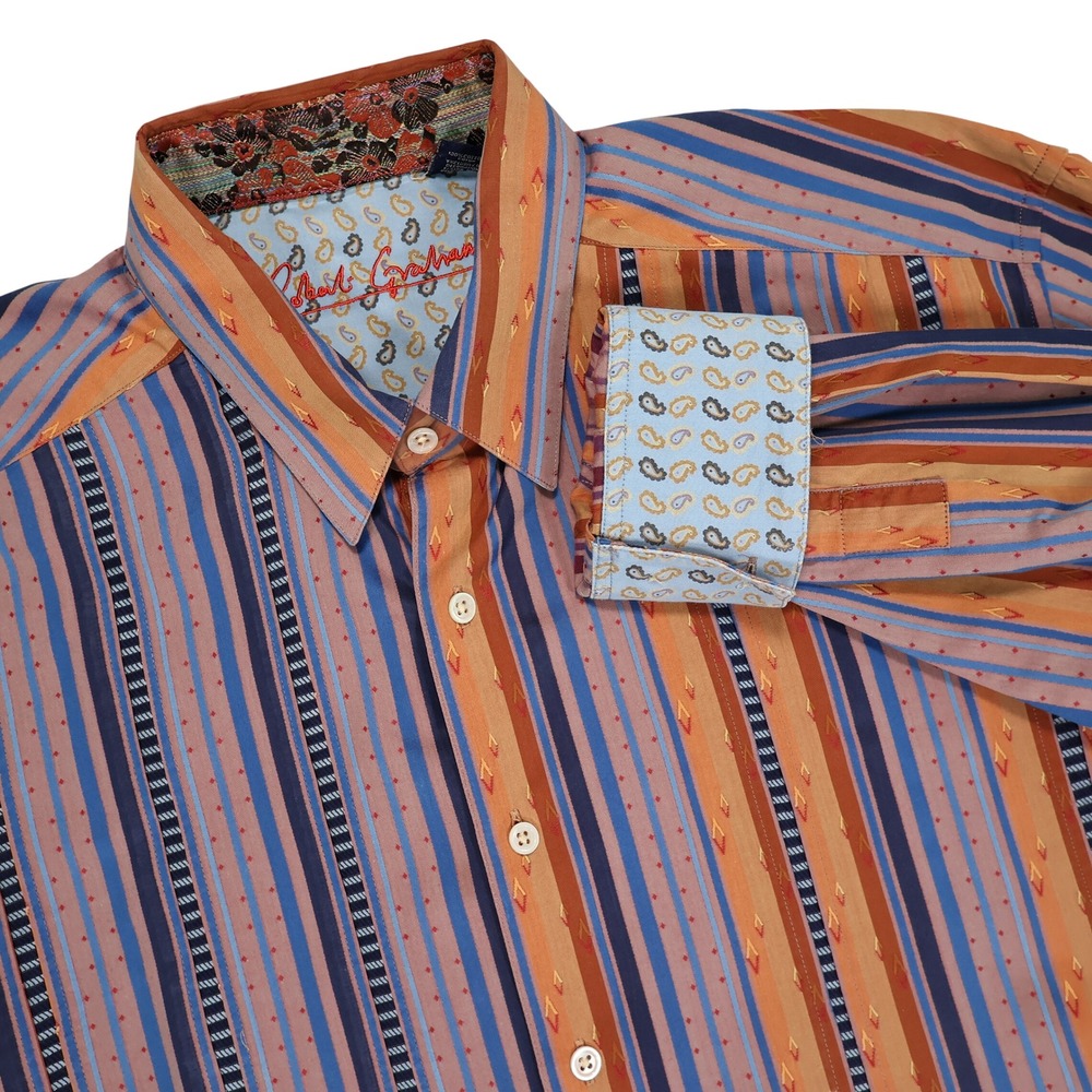 ROBERT GRAHAM Men's XL Orange Blue Striped‎ Contrast Cuff Button Up Dress Shirt